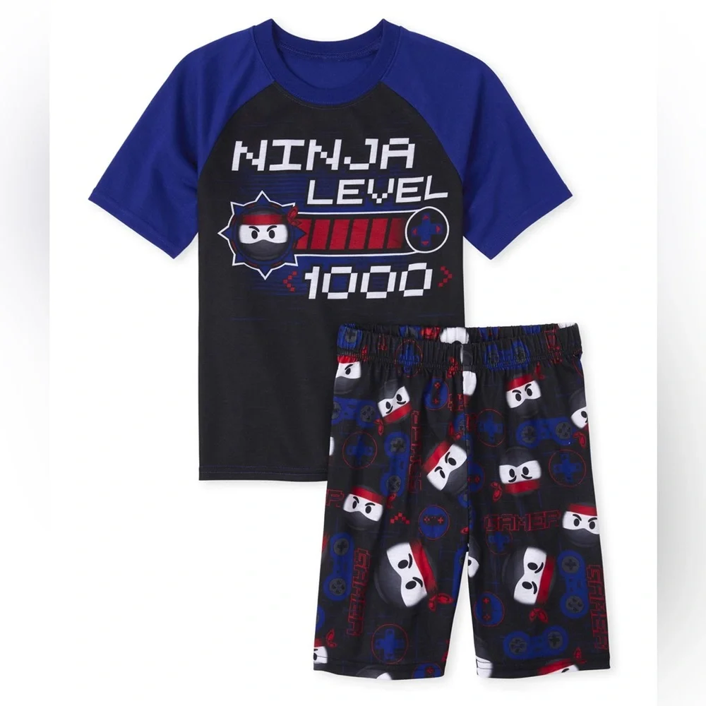 NWT The Childrens Place Ninja Level 1000 Pajama Short Set Size 7/8 M